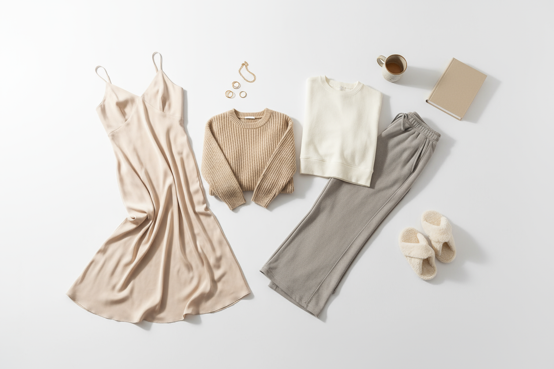 Stylish autumn loungewear flat lay featuring women's co-ords, knitwear and lounge dress in neutral tones