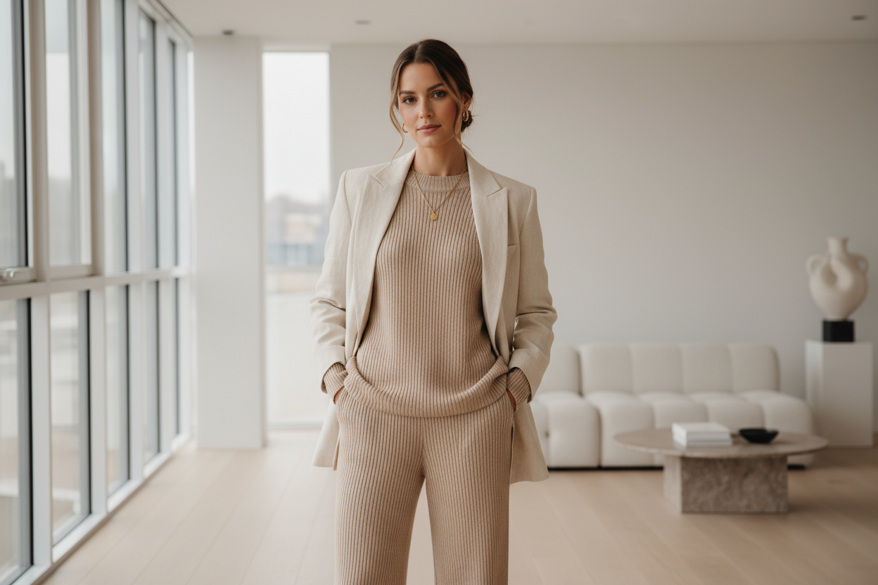 Woman wearing stylish neutral loungewear set with blazer for everyday chic comfort