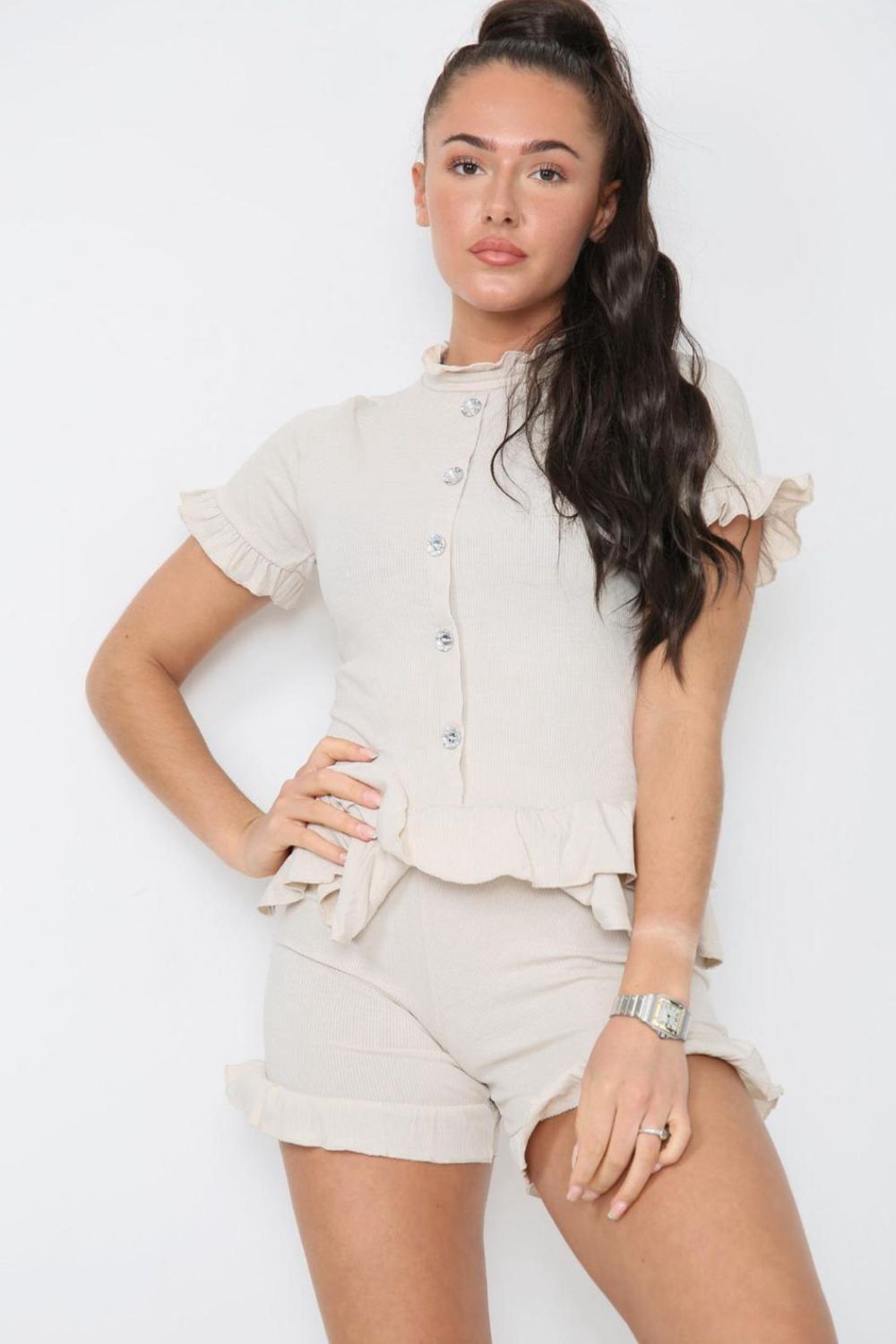 Ladies Diamond Frilled Edge Top & Shorts Co-Ord Set - Two Piece