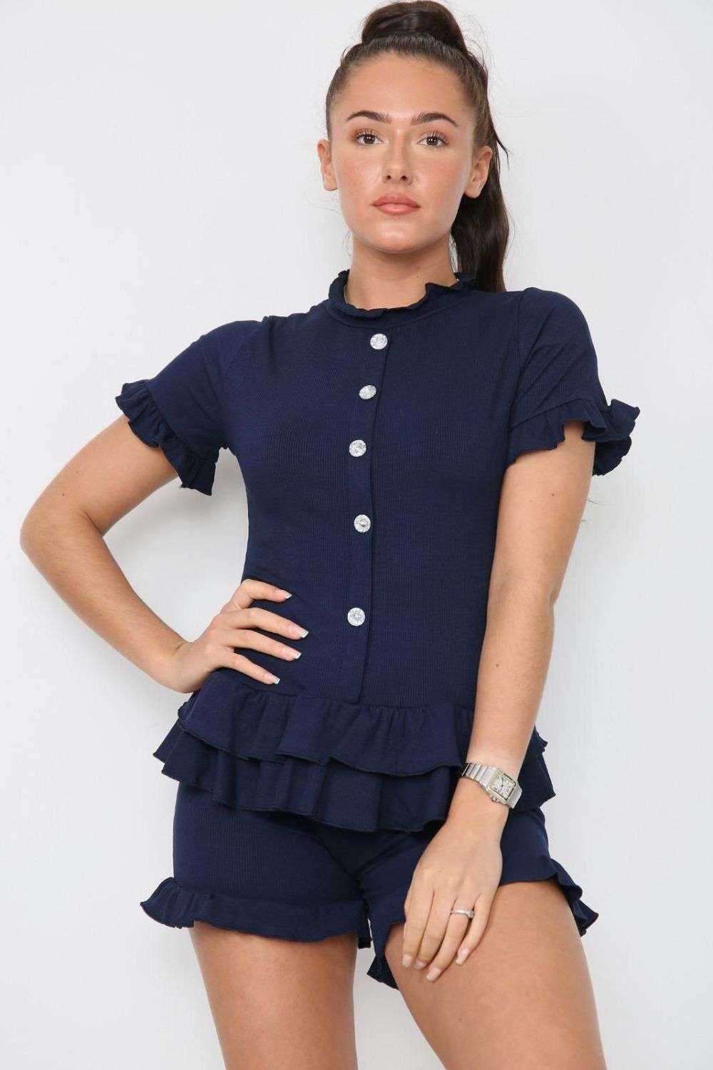 Ladies Diamond Frilled Edge Top & Shorts Co-Ord Set - Two Piece
