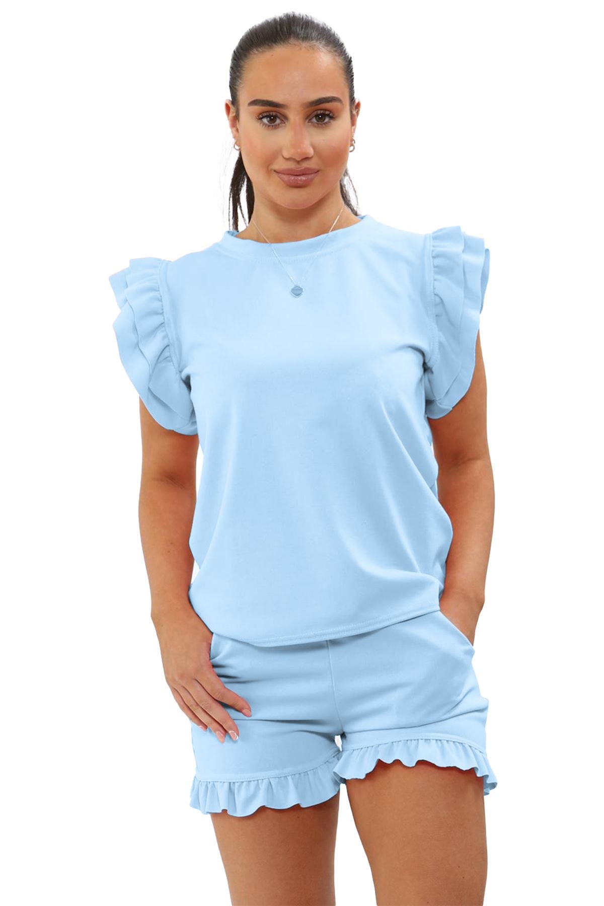Ladies Frill Peplum Sleeve Top & Short 2-Piece Tracksuit Set