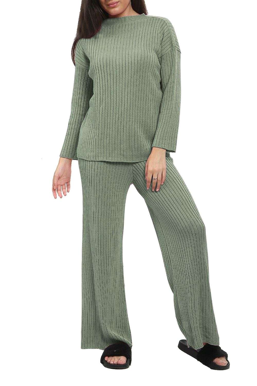 Ladies Chunky Knitted Ribbed Polo High Neck Top & Leggings Loungewear Set