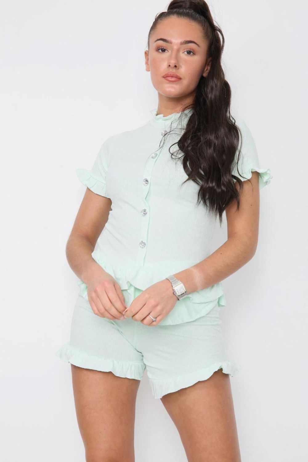 Ladies Diamond Frilled Edge Top & Shorts Co-Ord Set - Two Piece