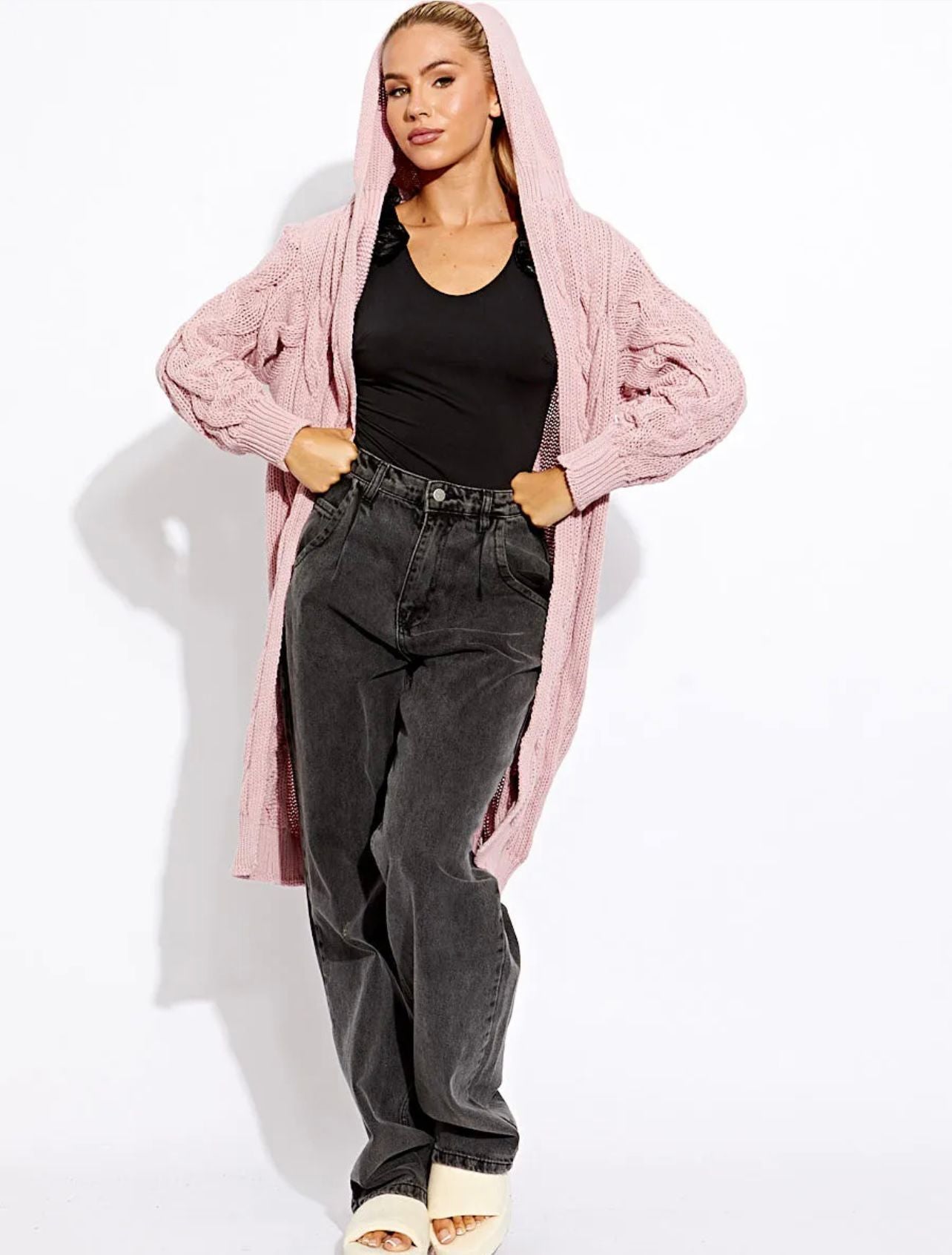 Ladies Cable Knit Hooded Cardigan - Cosy Drawstring Design