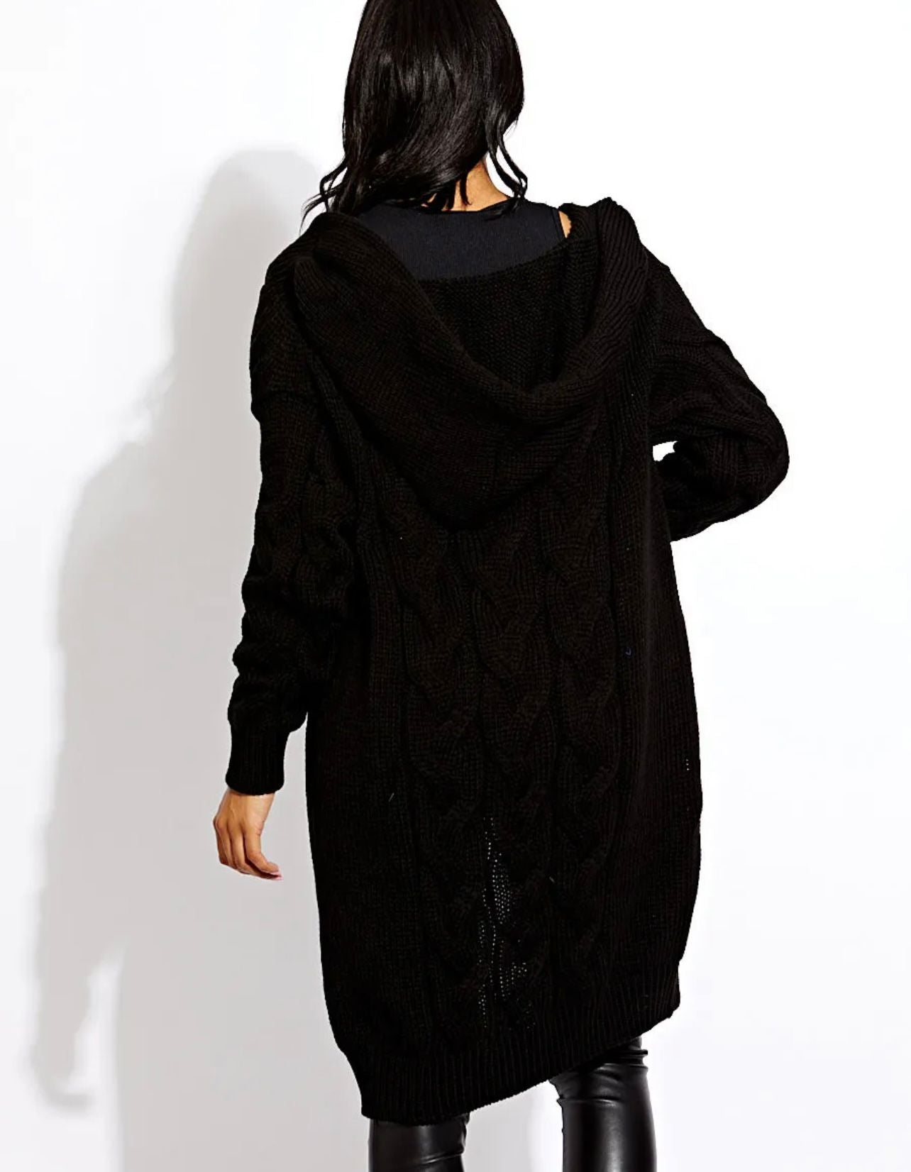 Ladies Cable Knit Hooded Cardigan - Cosy Drawstring Design