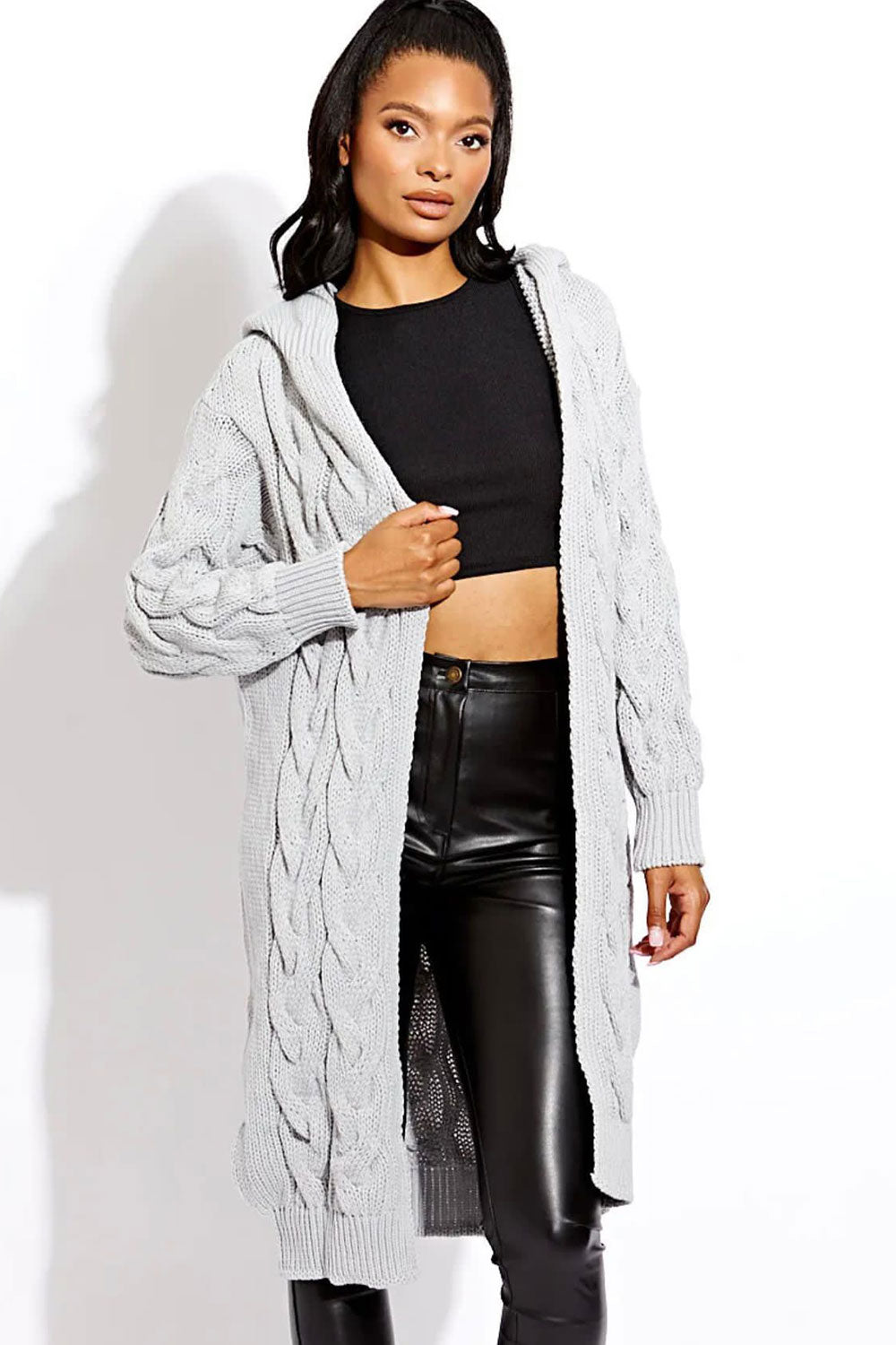 Ladies Cable Knit Hooded Cardigan - Cosy Drawstring Design