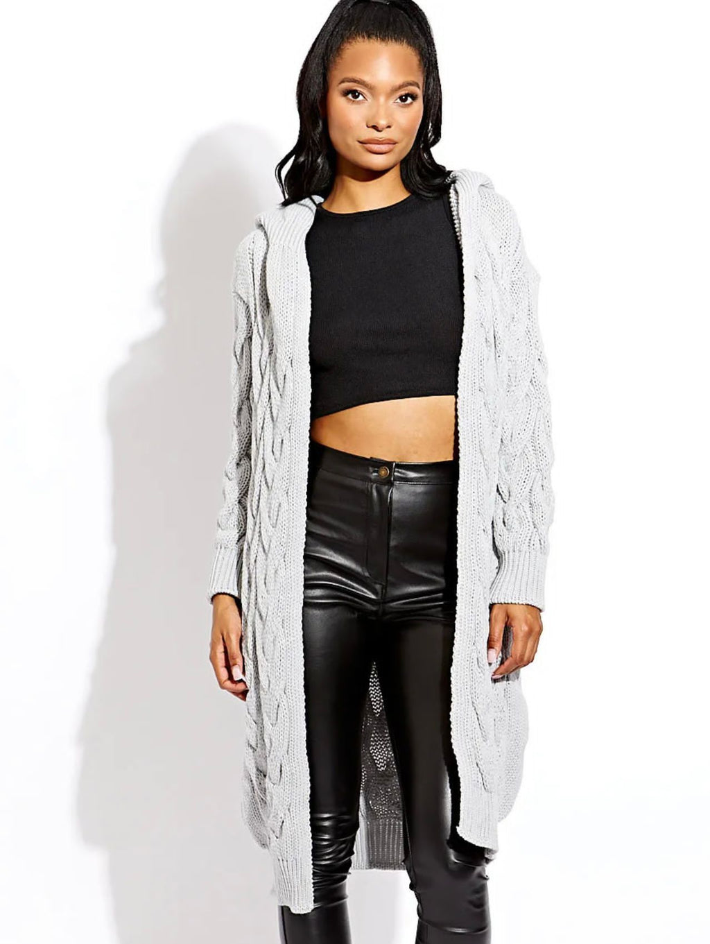 Ladies Cable Knit Hooded Cardigan - Cosy Drawstring Design