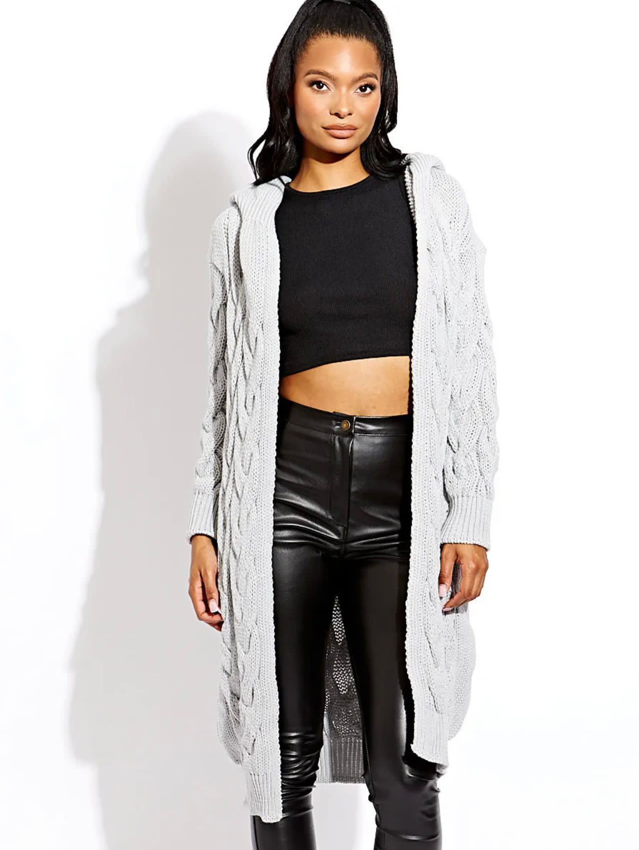 Ladies Cable Knit Hooded Cardigan - Cosy Drawstring Design