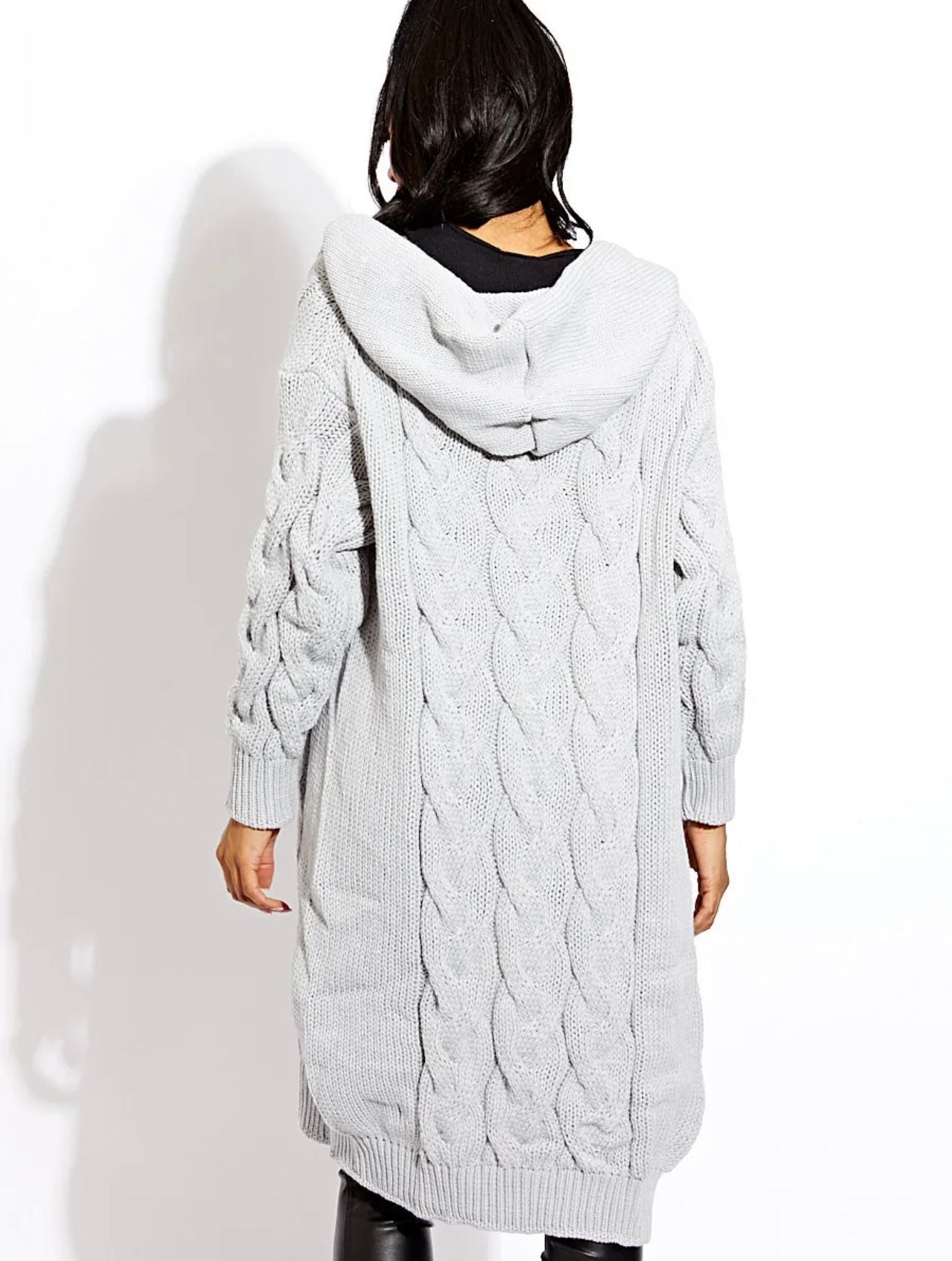 Ladies Cable Knit Hooded Cardigan - Cosy Drawstring Design