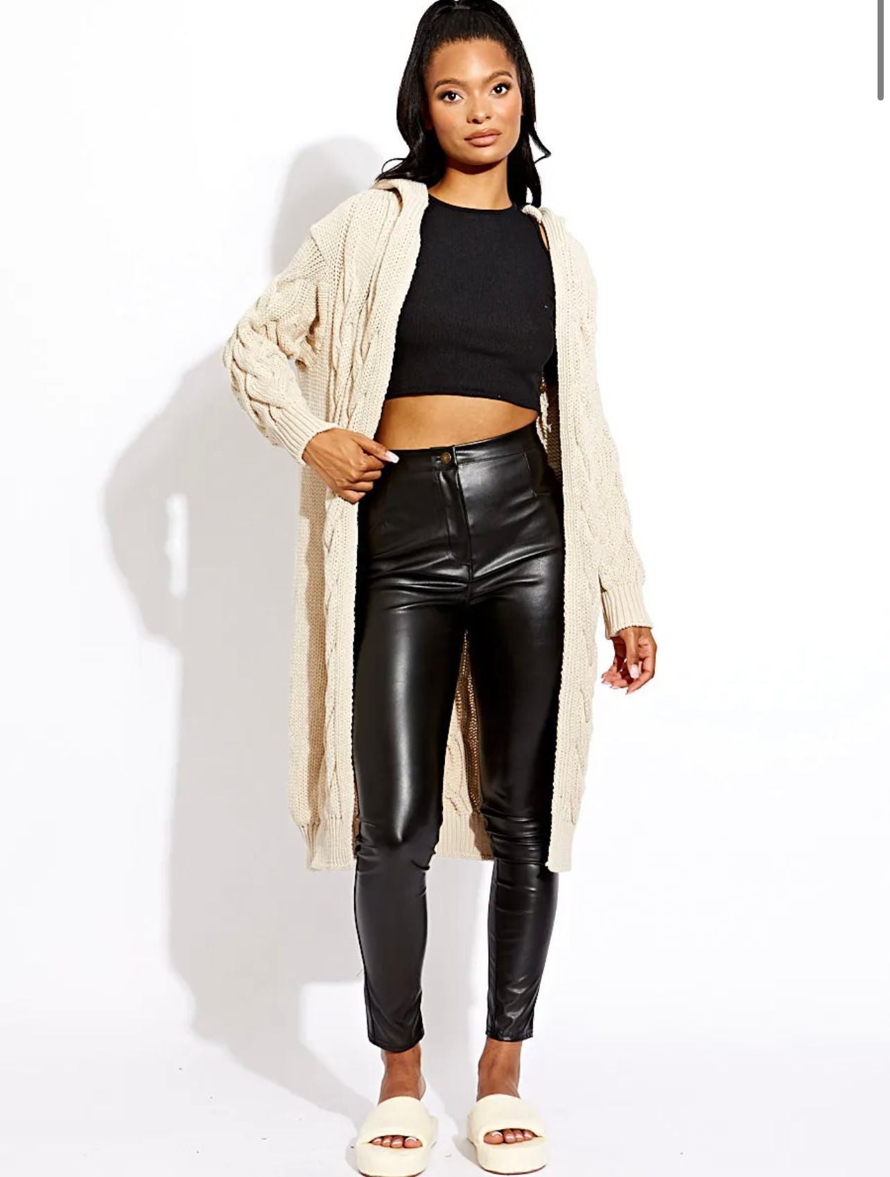 Ladies Cable Knit Hooded Cardigan - Cosy Drawstring Design