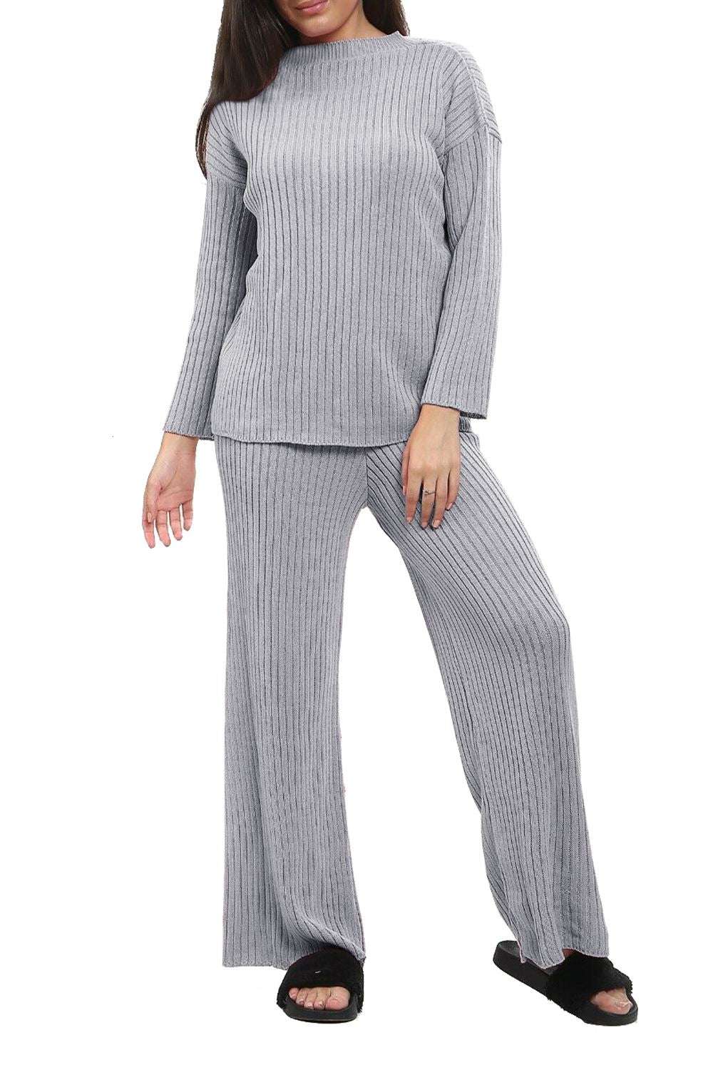 Ladies Chunky Knitted Ribbed Polo High Neck Top & Leggings Loungewear Set