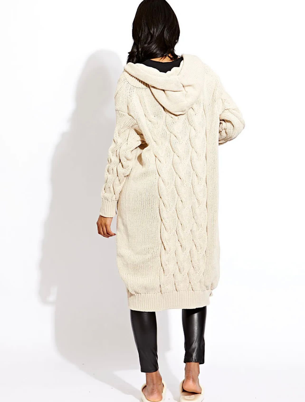 Ladies Cable Knit Hooded Cardigan - Cosy Drawstring Design