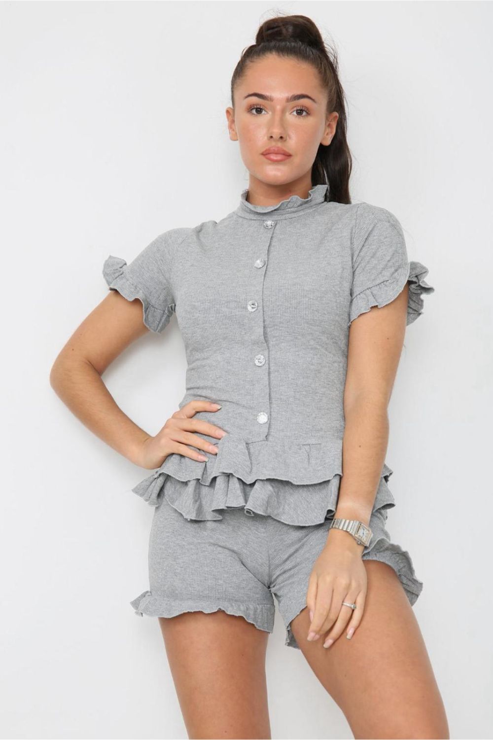 Ladies Diamond Frilled Edge Top & Shorts Co-Ord Set - Two Piece
