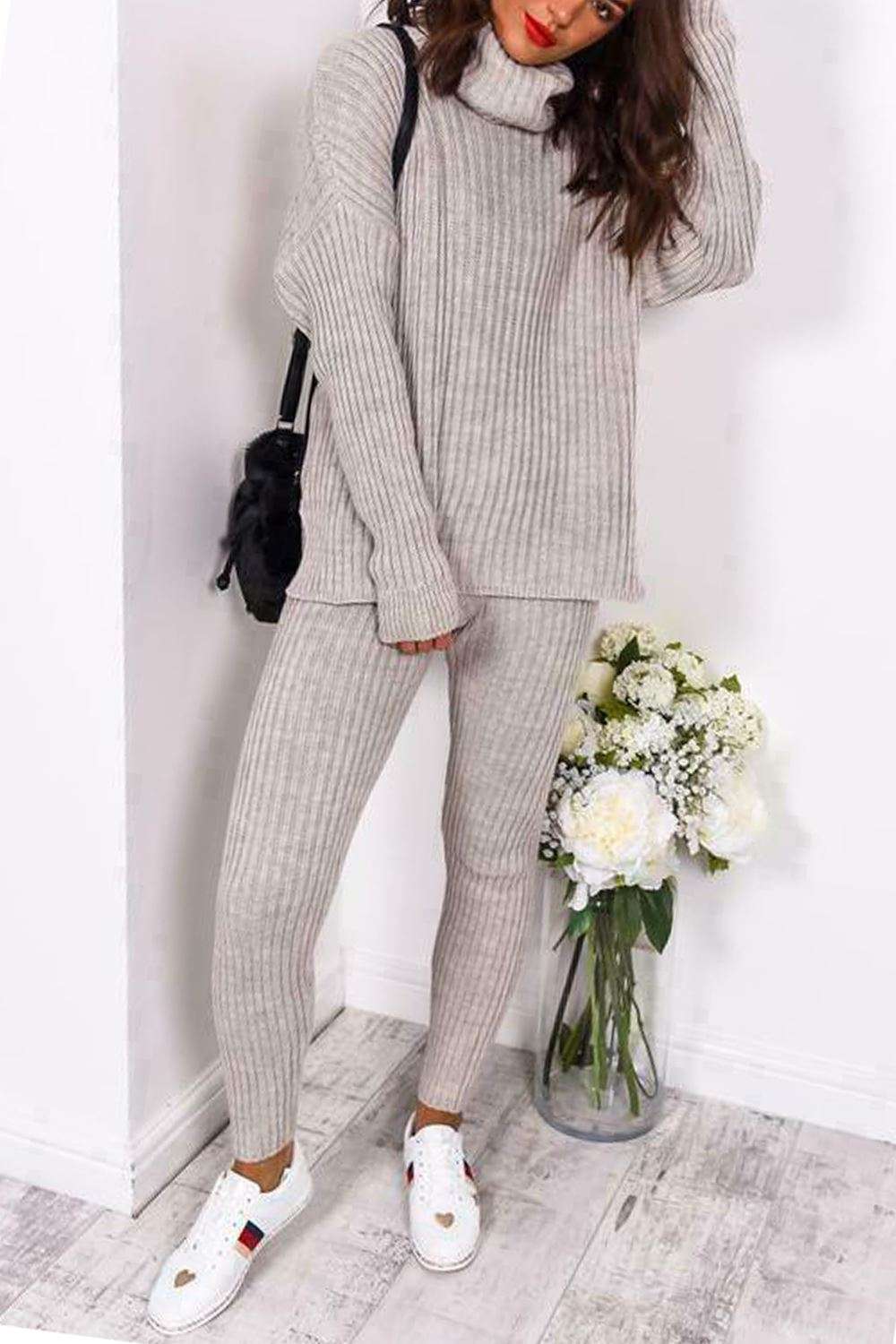 Ladies Chunky Knitted Ribbed Polo High Neck Top & Leggings Loungewear Set