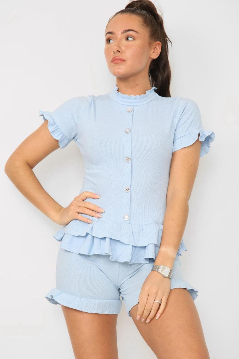 Ladies Diamond Frilled Edge Top & Shorts Co-Ord Set - Two Piece
