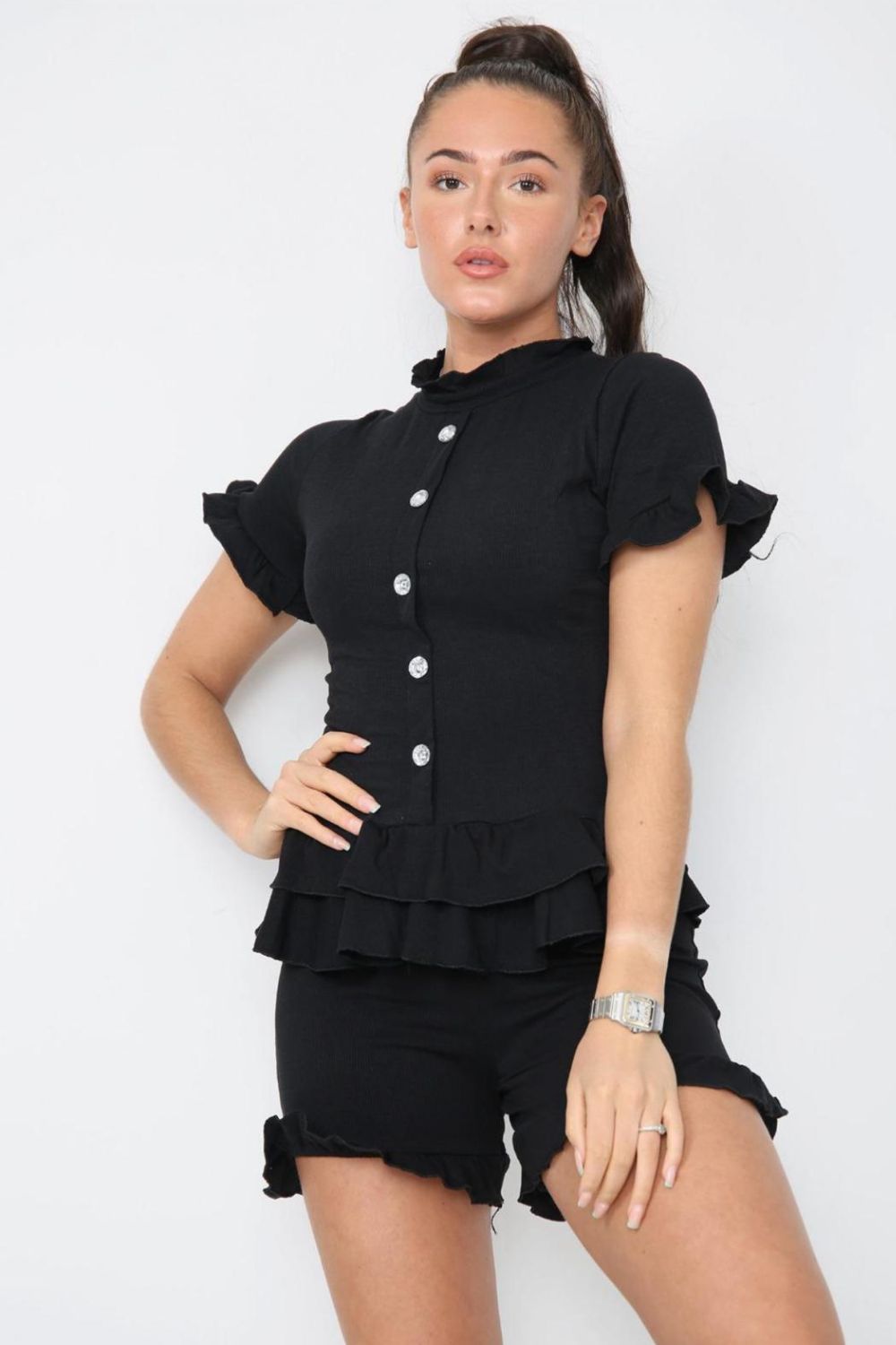 Ladies Diamond Frilled Edge Top & Shorts Co-Ord Set - Two Piece