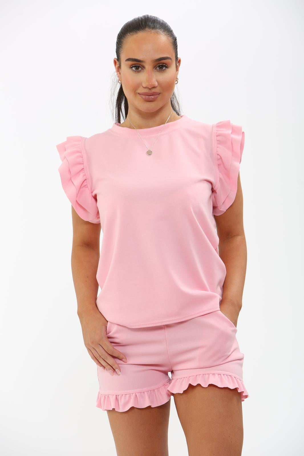 Ladies Frill Peplum Sleeve Top & Short 2-Piece Tracksuit Set