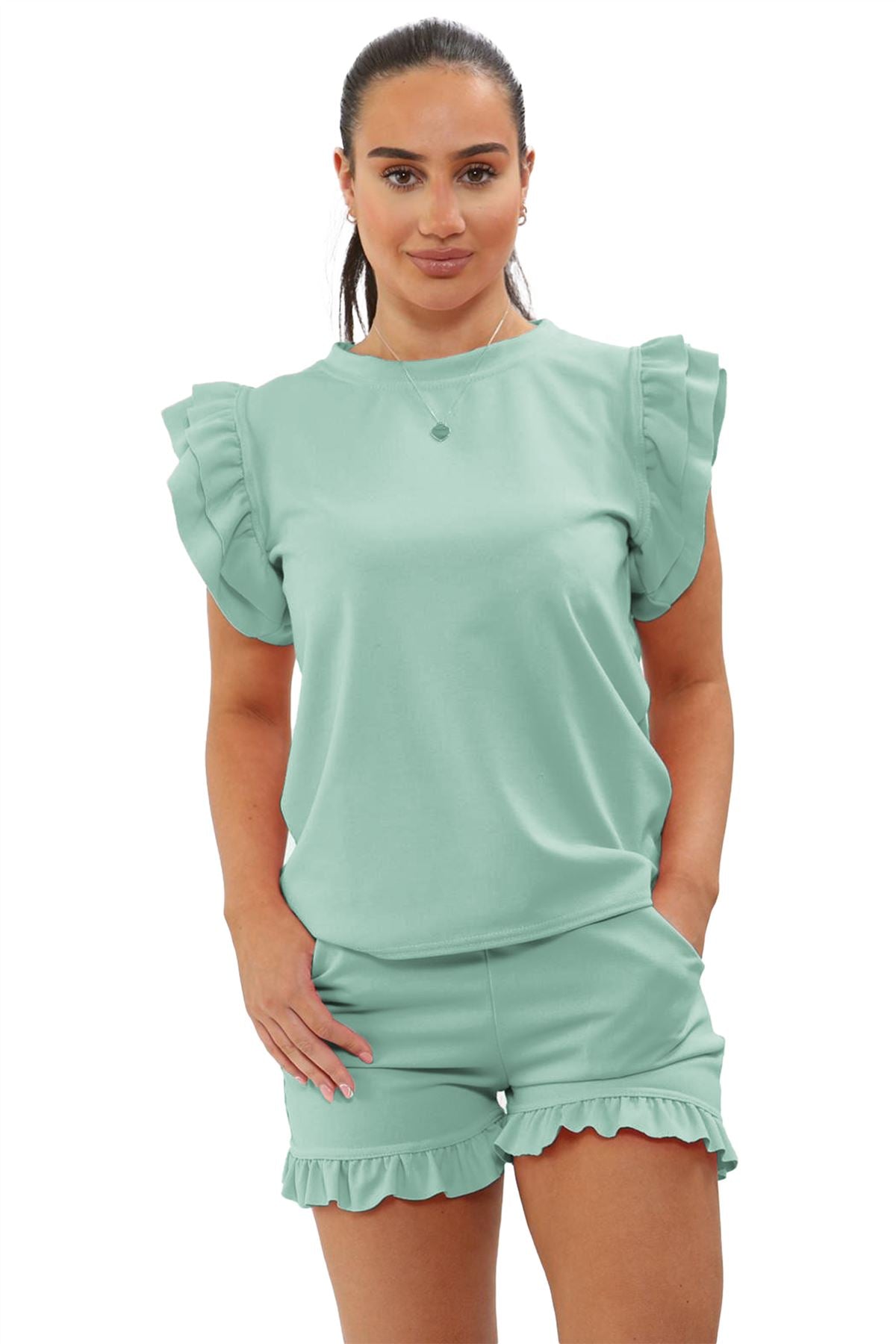 Ladies Frill Peplum Sleeve Top & Short 2-Piece Tracksuit Set