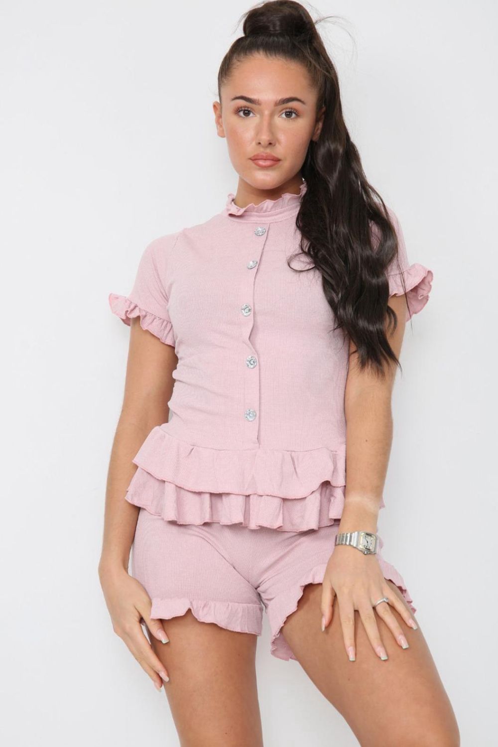 Ladies Diamond Frilled Edge Top & Shorts Co-Ord Set - Two Piece