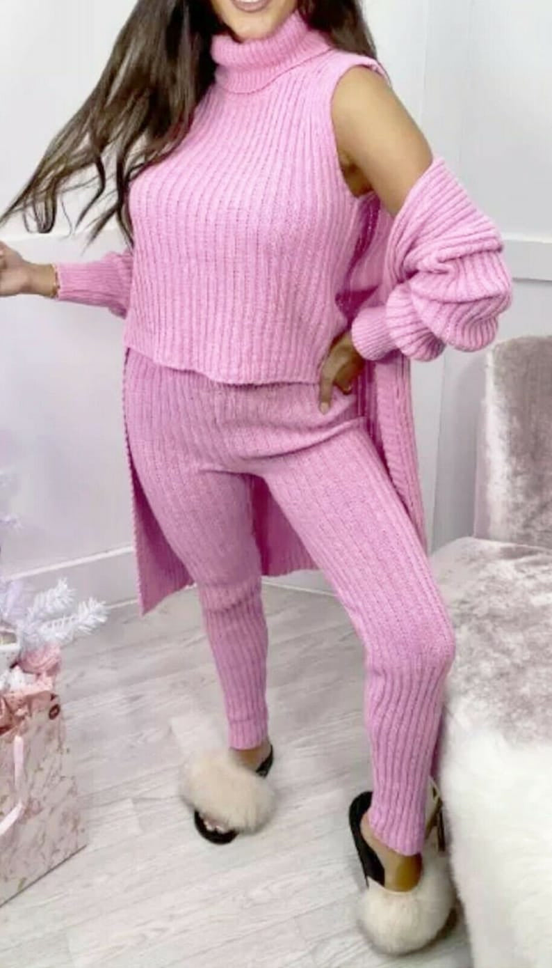 Ladies 3 Piece Roll Neck Chunky Knit Loungewear Set - Ribbed Tracksuit