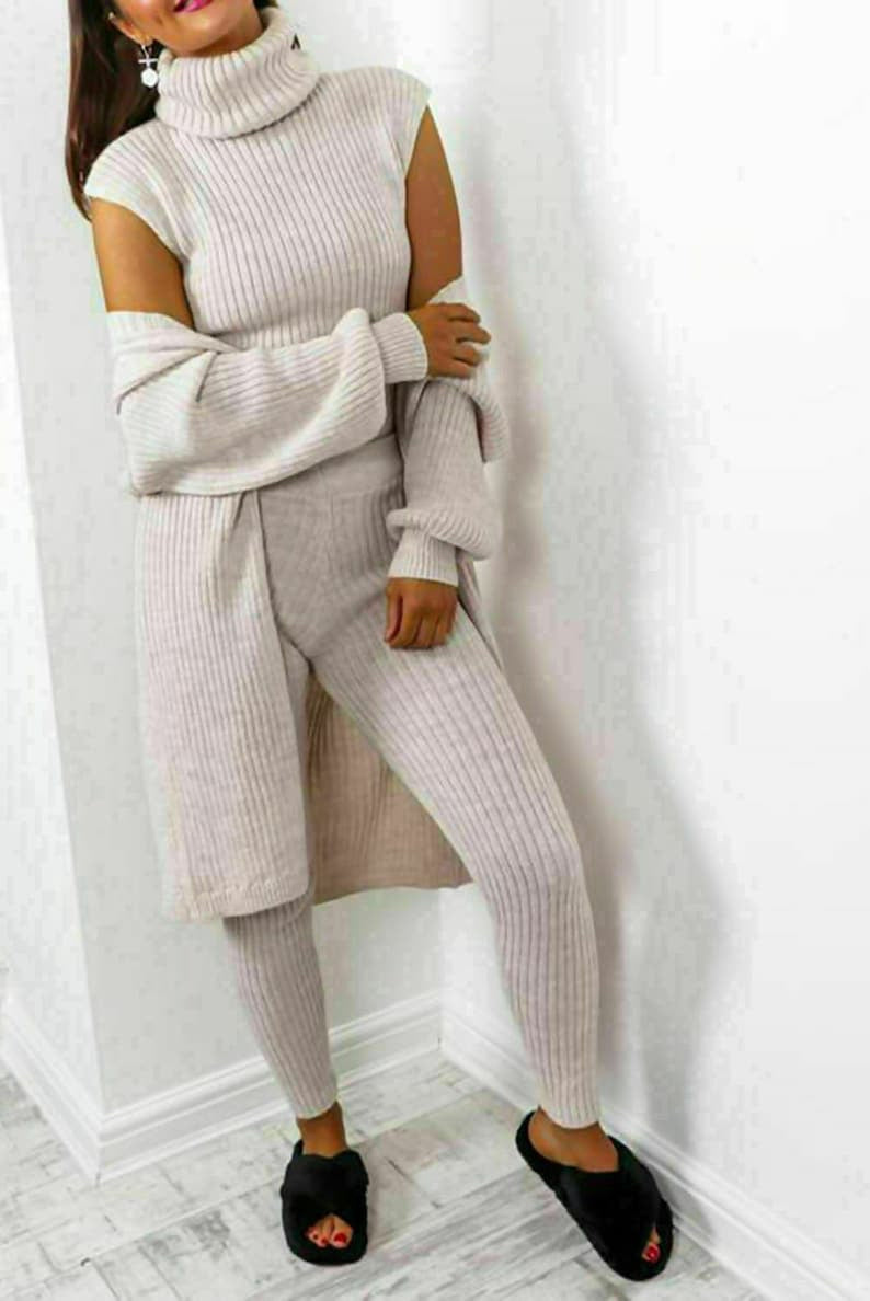 Ladies 3 Piece Roll Neck Chunky Knit Loungewear Set - Ribbed Tracksuit