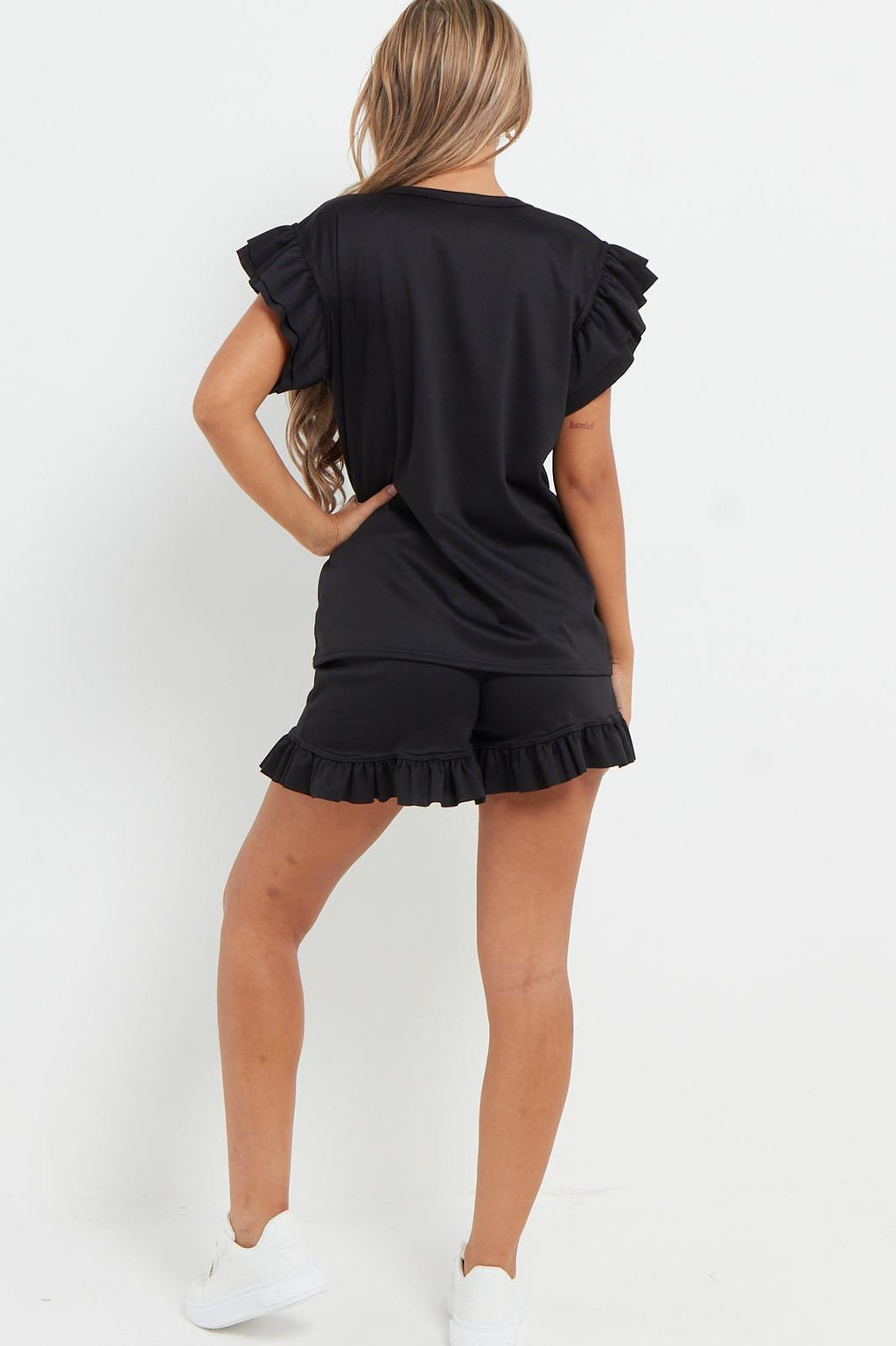 Ladies V Neck Frill Peplum Sleeve Top & Short 2-Piece Tracksuit Set