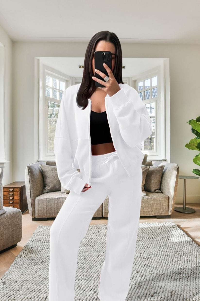 Ladies Oversized Fleece Tracksuit - Bomber Jacket & Wide Leg Trousers