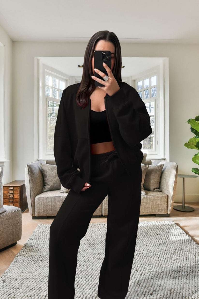 Ladies Oversized Fleece Tracksuit - Bomber Jacket & Wide Leg Trousers