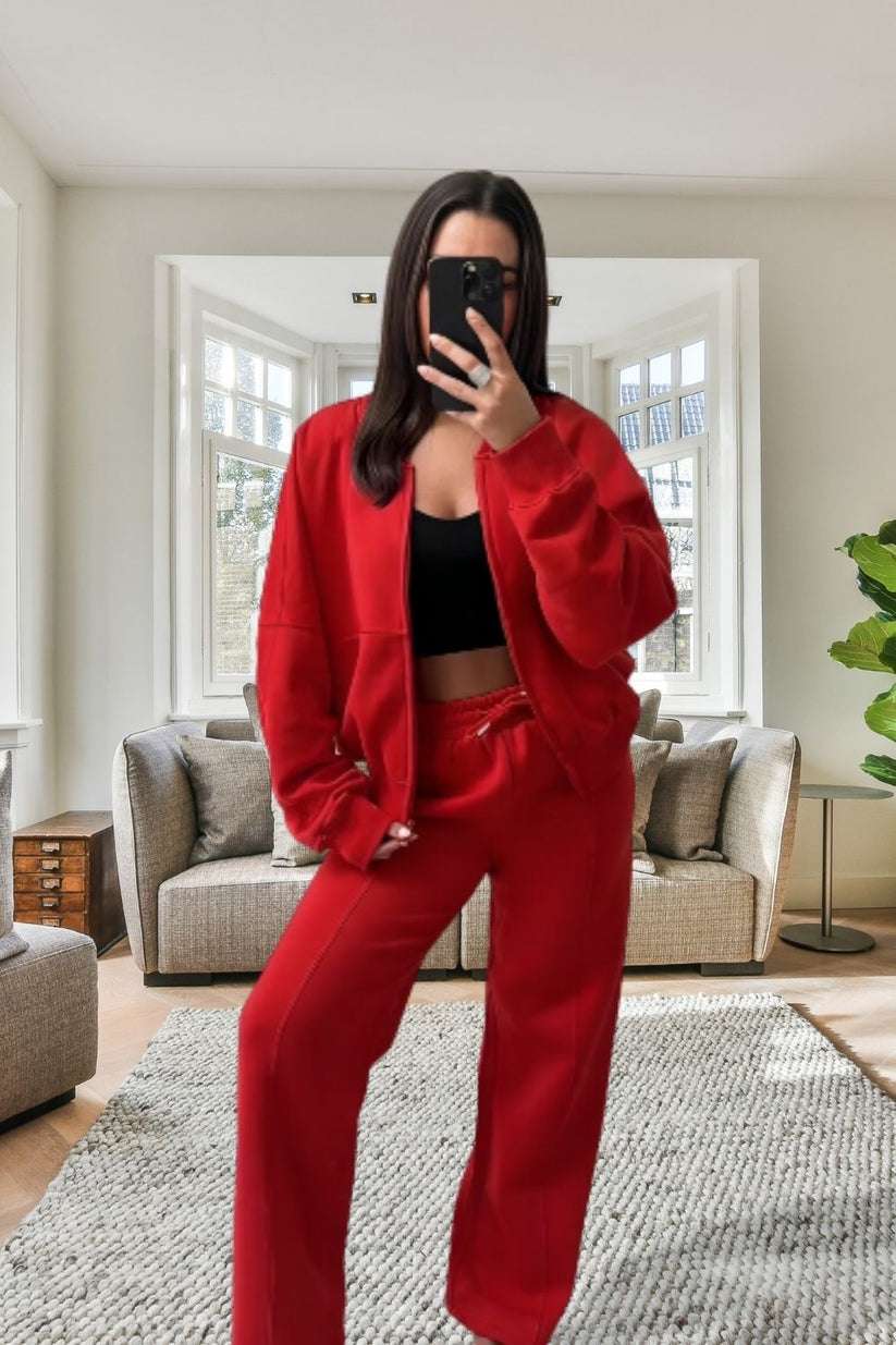 Ladies Oversized Fleece Tracksuit - Bomber Jacket & Wide Leg Trousers