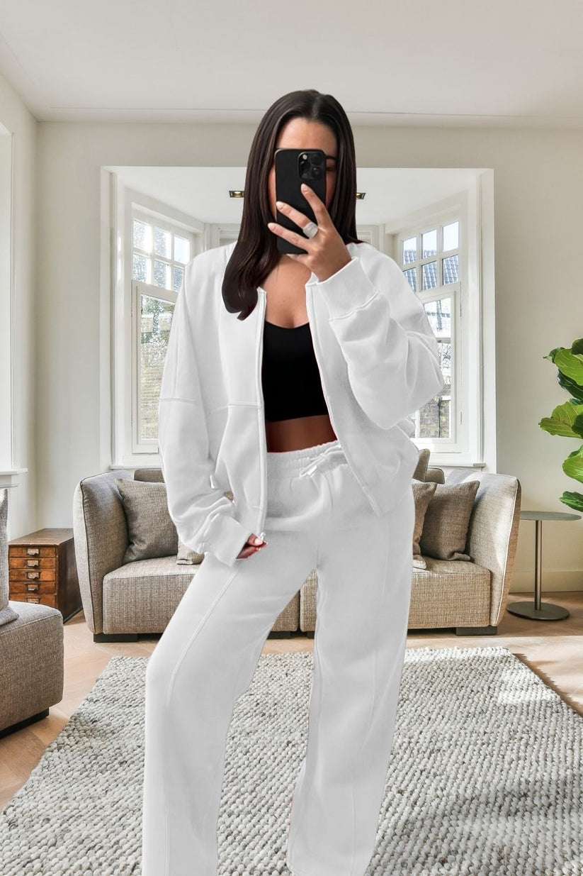 Ladies Oversized Fleece Tracksuit - Bomber Jacket & Wide Leg Trousers