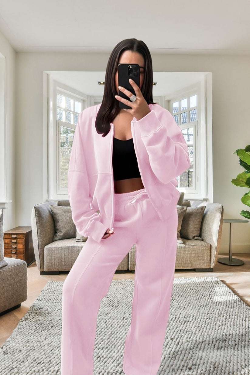 Ladies Oversized Fleece Tracksuit - Bomber Jacket & Wide Leg Trousers