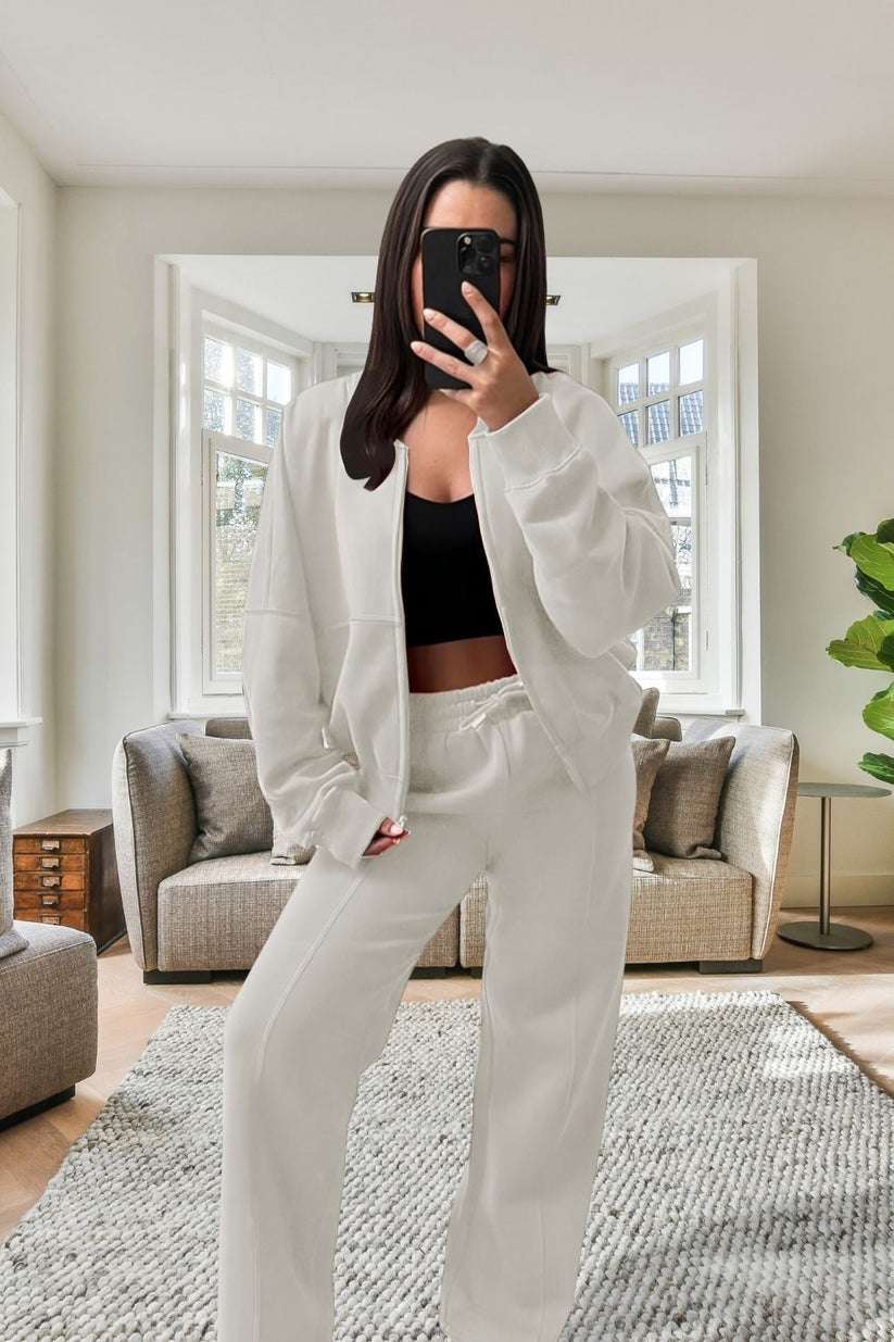 Ladies Oversized Fleece Tracksuit - Bomber Jacket & Wide Leg Trousers
