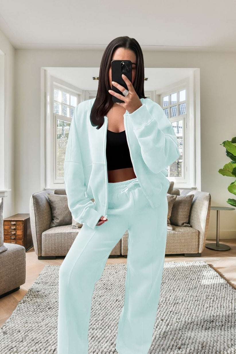 Ladies Oversized Fleece Tracksuit - Bomber Jacket & Wide Leg Trousers