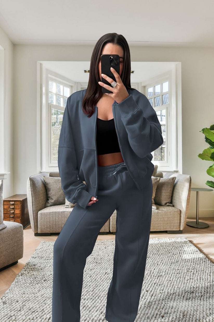 Ladies Oversized Fleece Tracksuit - Bomber Jacket & Wide Leg Trousers