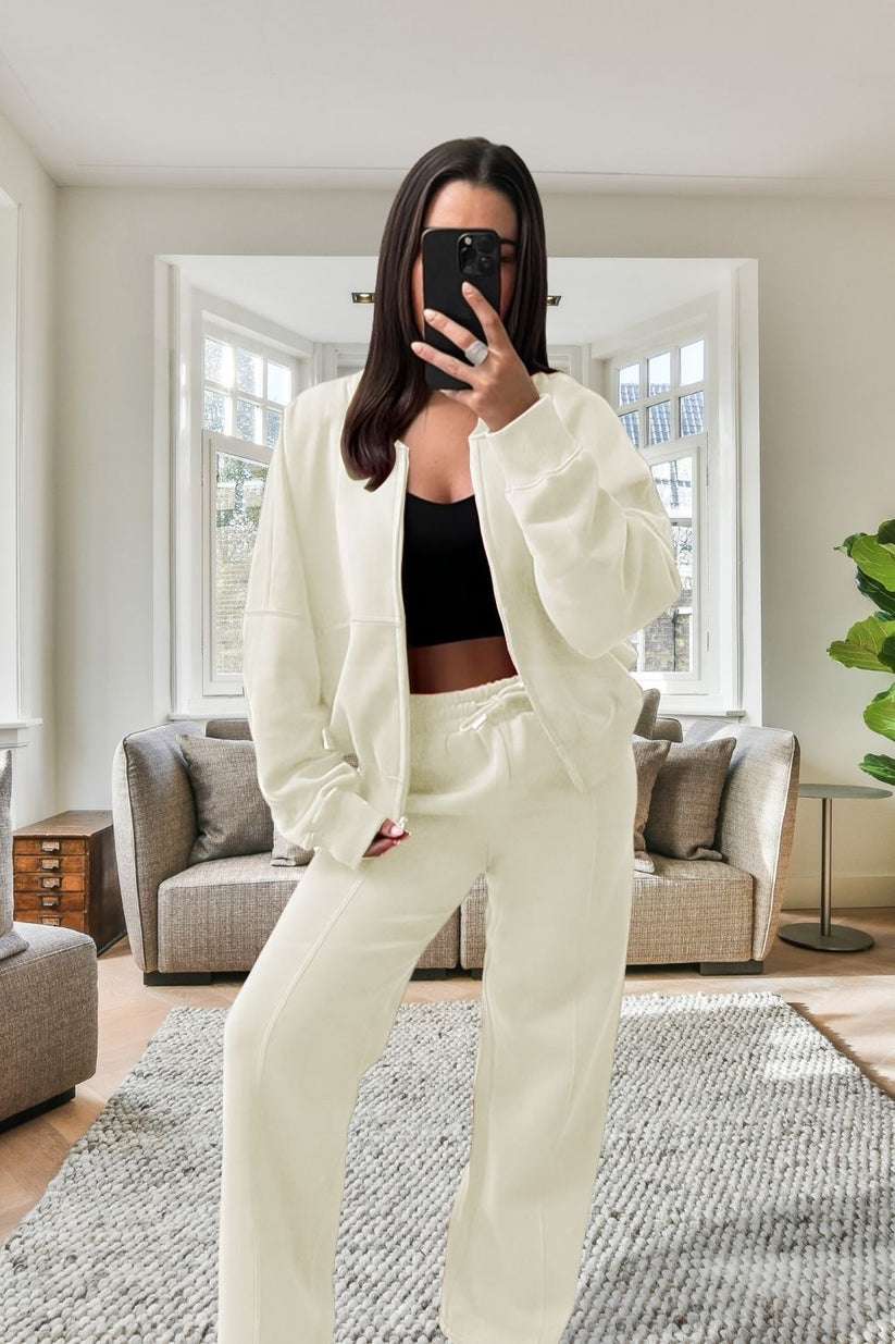 Ladies Oversized Fleece Tracksuit - Bomber Jacket & Wide Leg Trousers