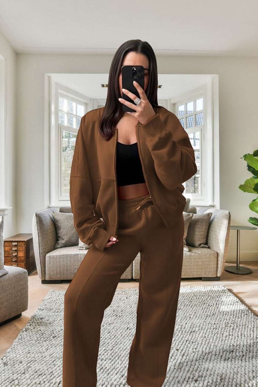 Ladies Oversized Fleece Tracksuit - Bomber Jacket & Wide Leg Trousers