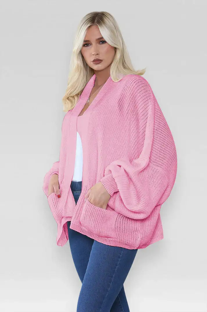 Ladies Oversized Cropped Chunky Knit Cardigan with Balloon Pockets