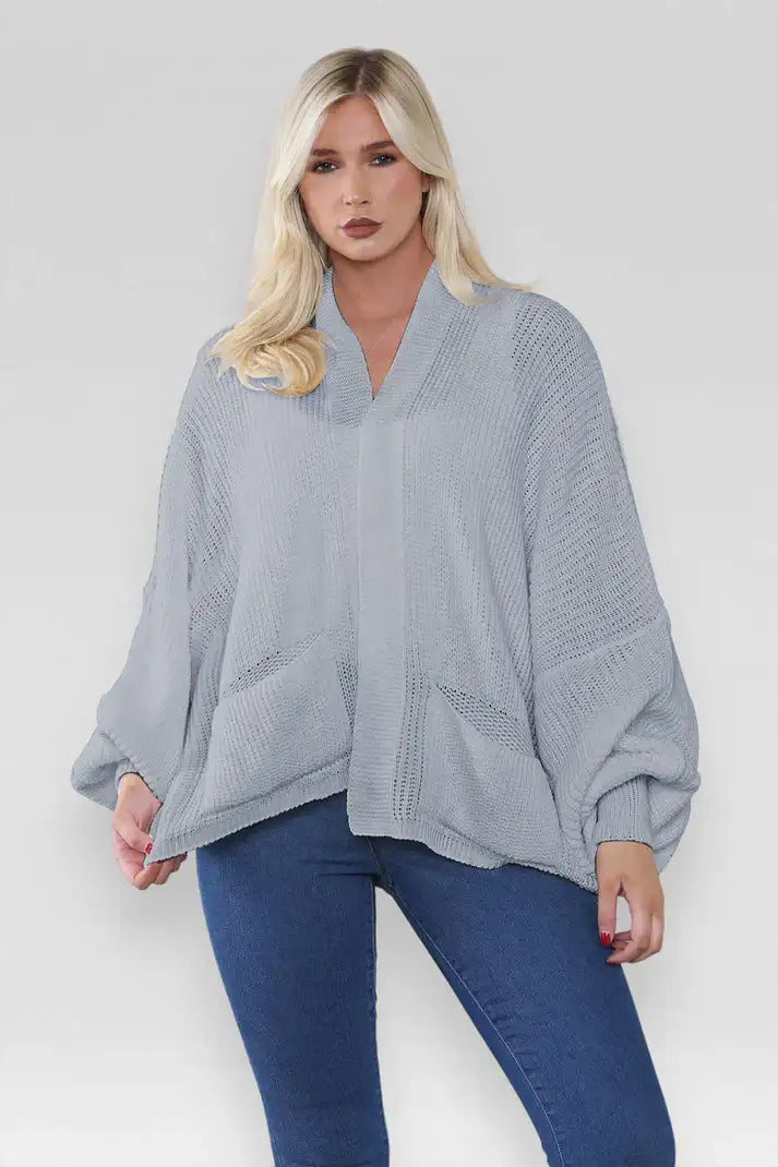 Ladies Oversized Cropped Chunky Knit Cardigan with Balloon Pockets