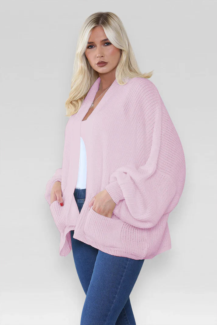 Ladies Oversized Cropped Chunky Knit Cardigan with Balloon Pockets