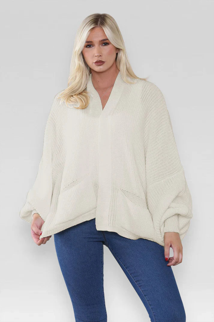 Ladies Oversized Cropped Chunky Knit Cardigan with Balloon Pockets
