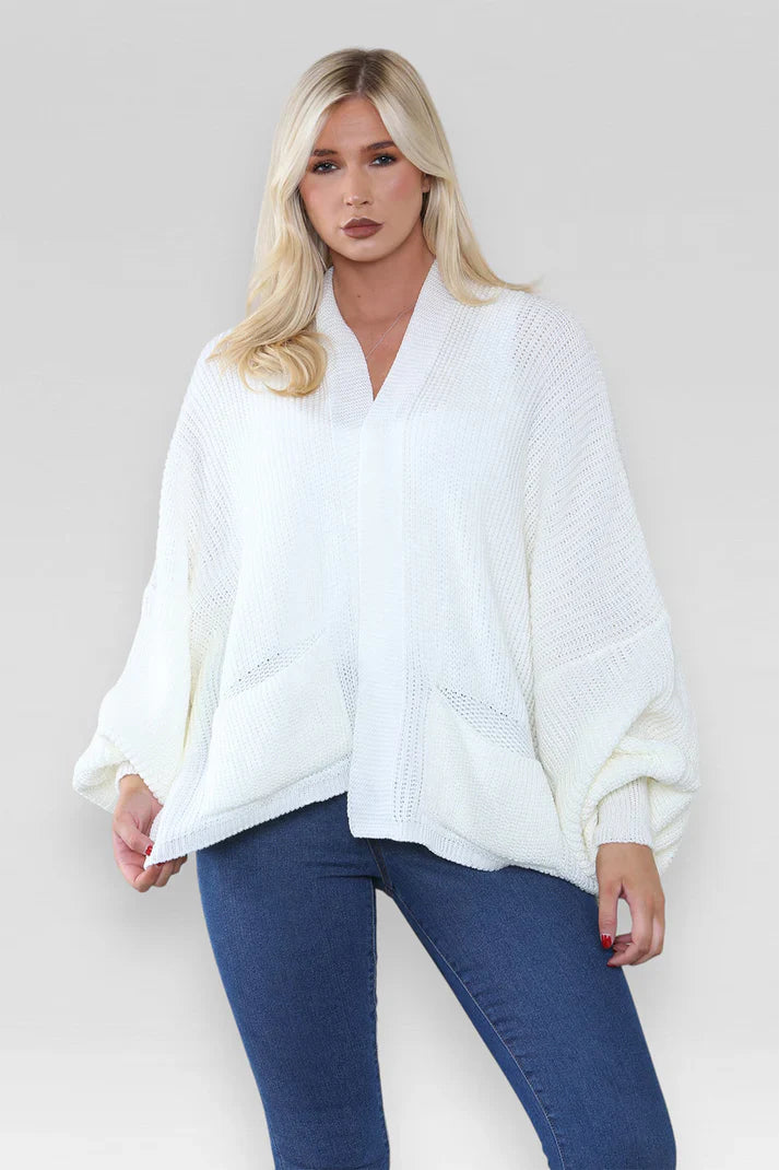 Ladies Oversized Cropped Chunky Knit Cardigan with Balloon Pockets