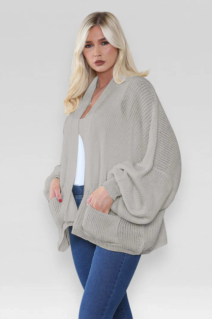 Ladies Oversized Cropped Chunky Knit Cardigan with Balloon Pockets