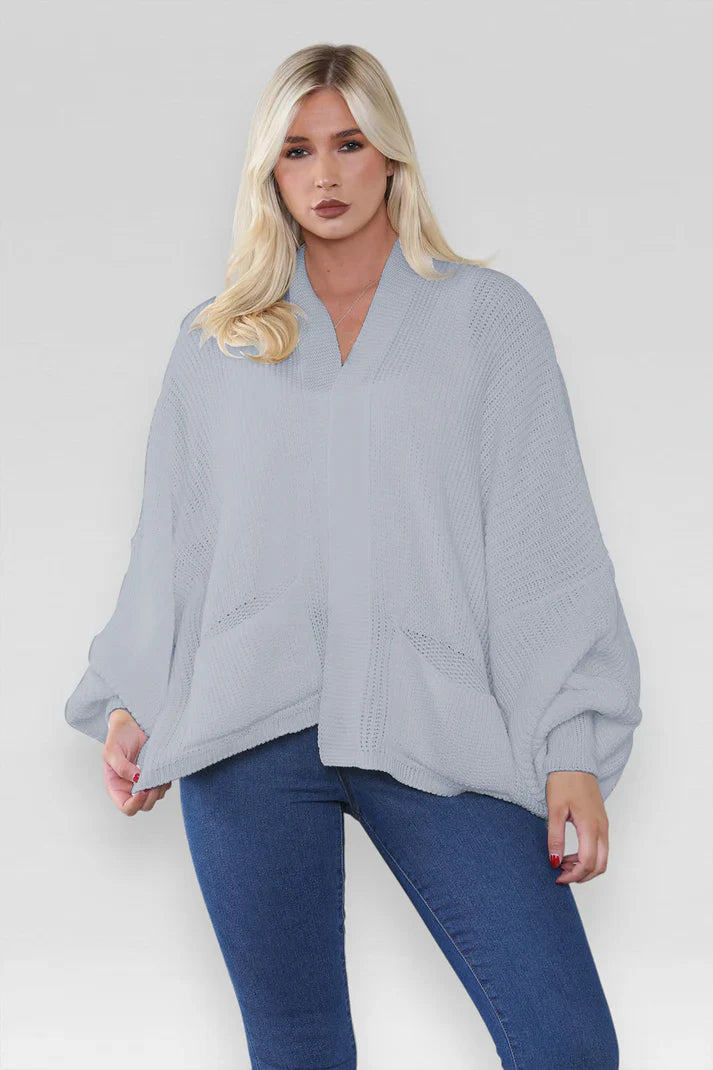 Ladies Oversized Cropped Chunky Knit Cardigan with Balloon Pockets