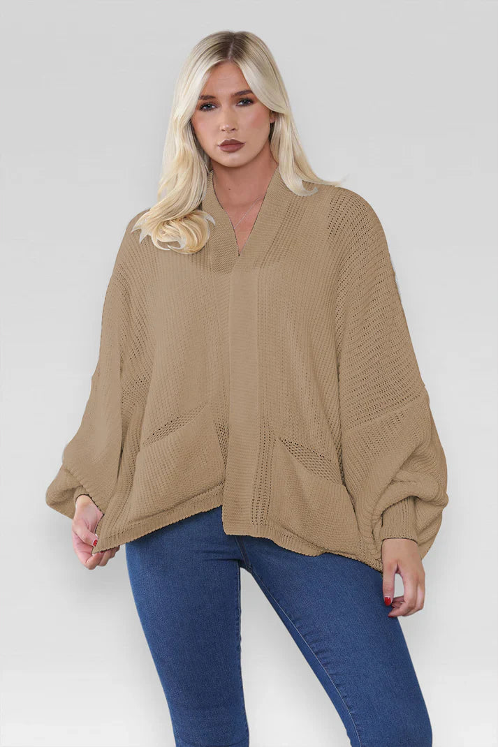 Ladies Oversized Cropped Chunky Knit Cardigan with Balloon Pockets