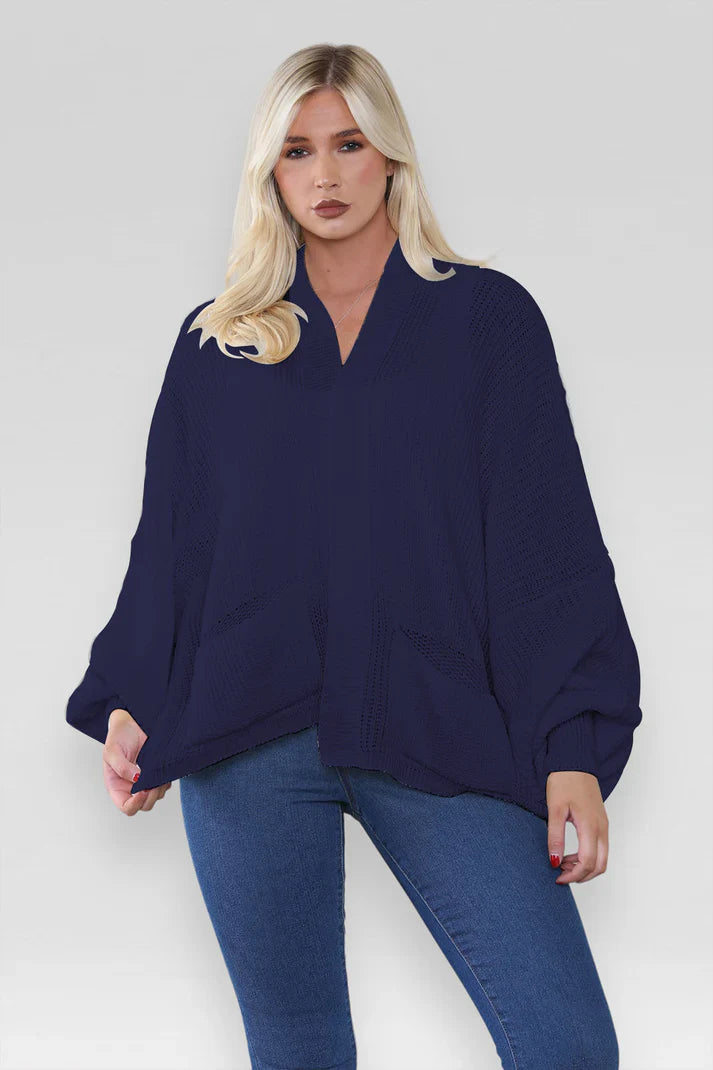 Ladies Oversized Cropped Chunky Knit Cardigan with Balloon Pockets