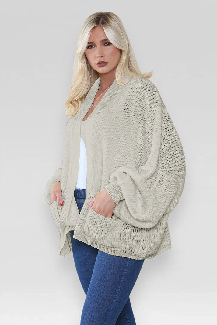 Ladies Oversized Cropped Chunky Knit Cardigan with Balloon Pockets