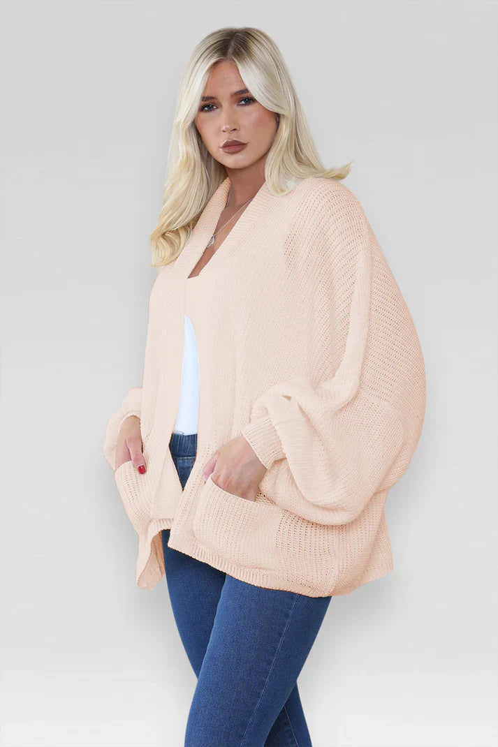 Ladies Oversized Cropped Chunky Knit Cardigan with Balloon Pockets