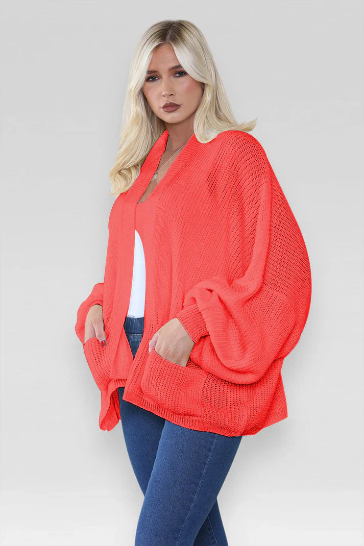 Ladies Oversized Cropped Chunky Knit Cardigan with Balloon Pockets