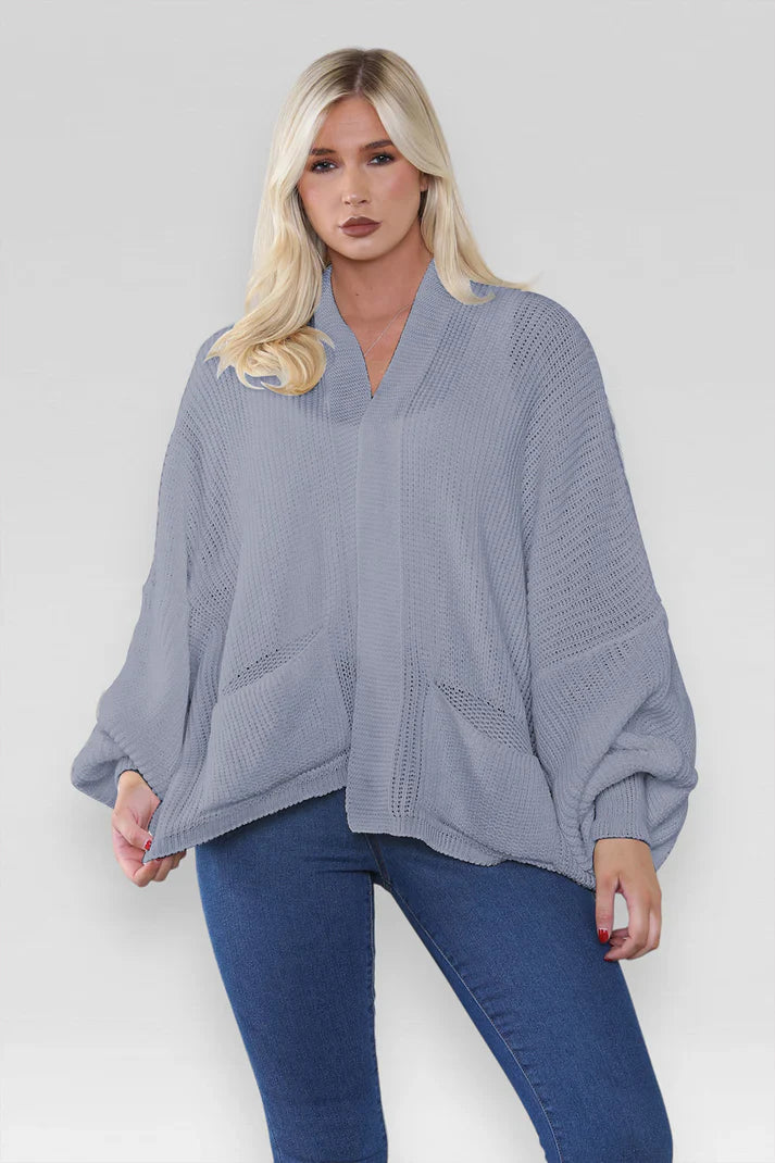 Ladies Oversized Cropped Chunky Knit Cardigan with Balloon Pockets
