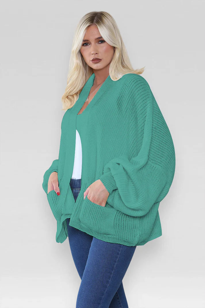 Ladies Oversized Cropped Chunky Knit Cardigan with Balloon Pockets